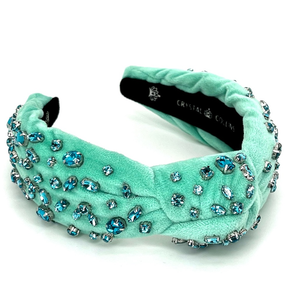 Crystal Gems Embellished Turquoise Velvet Topknot Headband Aqua Spring Summer